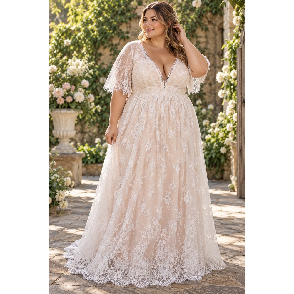 Merry's Gowns White Lace Blush Pink V-Neck Maxi Wedding Dress Size 24 #0596